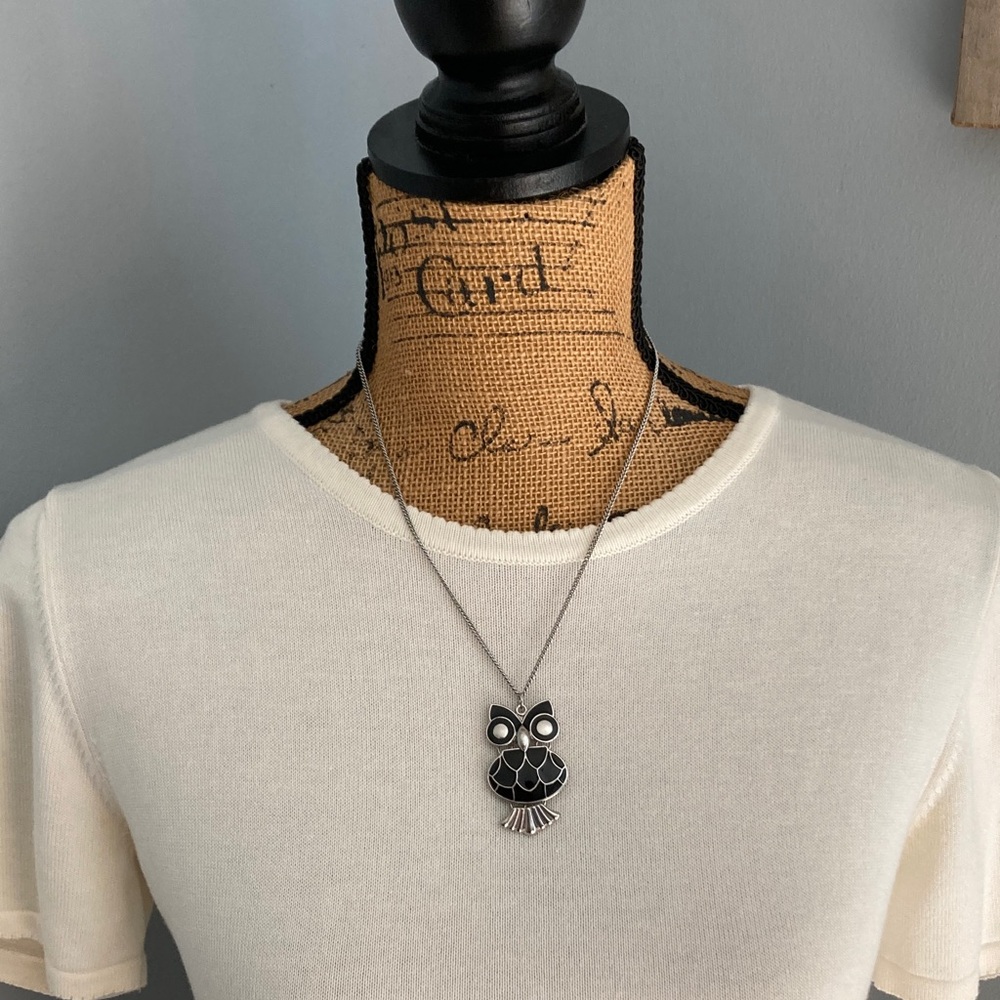 Silver and Enamel Black Owl Pendant Necklace - Costume Jewelry